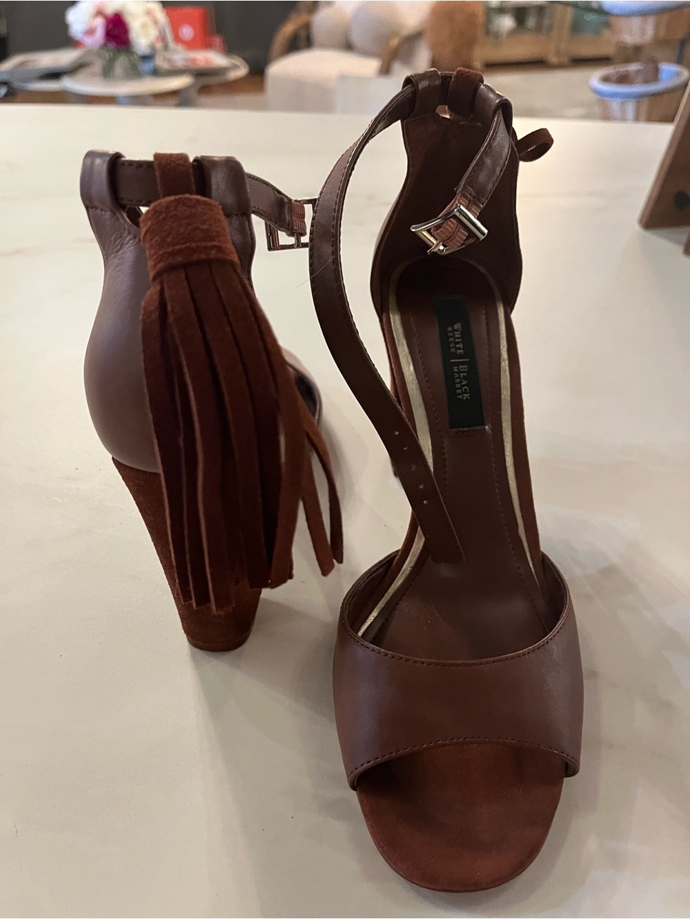 White House Black Market
 Brown Leather Tassel Ankle-Strap Sandals